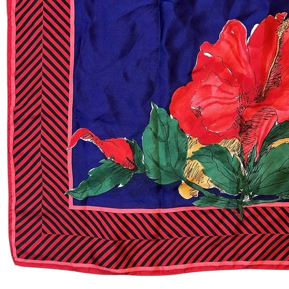 Vera 100% Silk Floral Scarf 30x30 Red/Navy/Yellow Hibiscus Tropical Print Bright - Picture 2 of 13